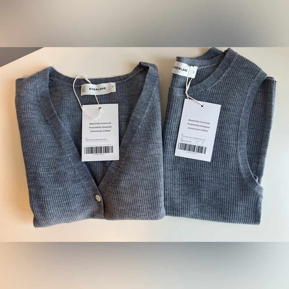 Everlane Merino Ribbed Cardigan + Shell Set – Heathered Mid Grey (Size S, NWT)